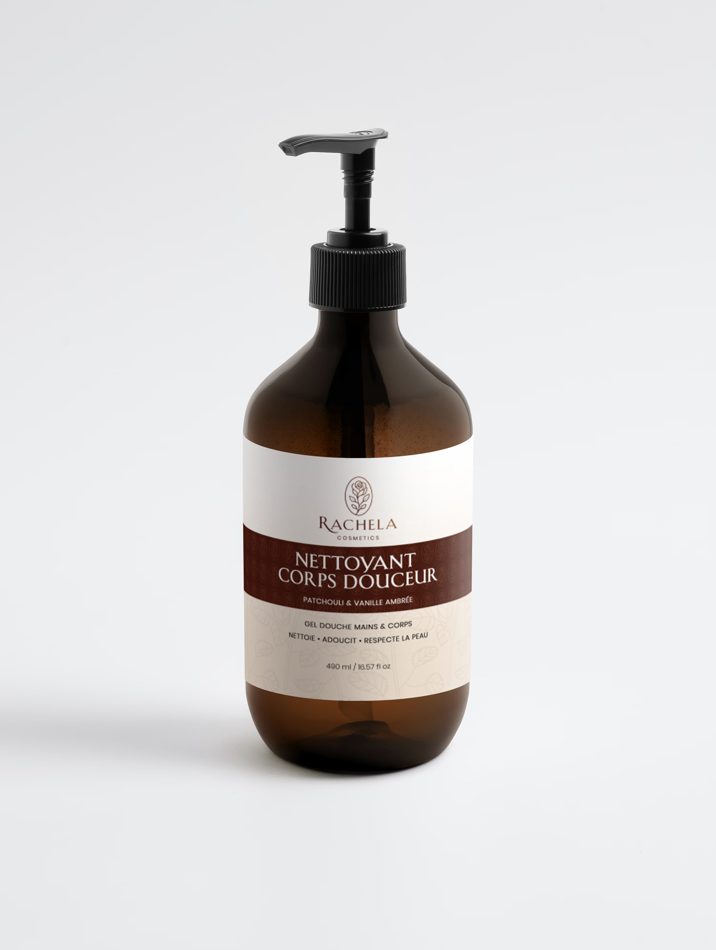 Flacon de Nettoyant Corps Douceur, parfum patchouli et vanille ambrée, Rachela Cosmetics