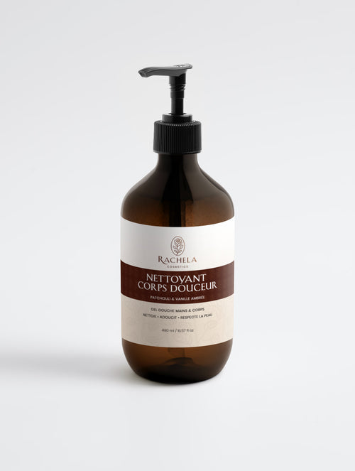 Flacon de Nettoyant Corps Douceur, parfum patchouli et vanille ambrée, Rachela Cosmetics